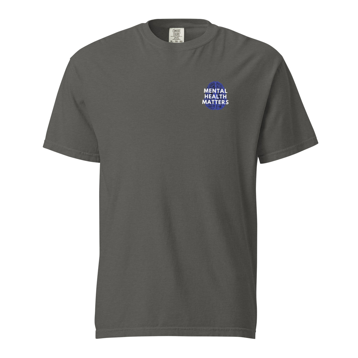 Pepper T-shirt, front view with a small blue-and-white "Mental Health Matters" chest design.