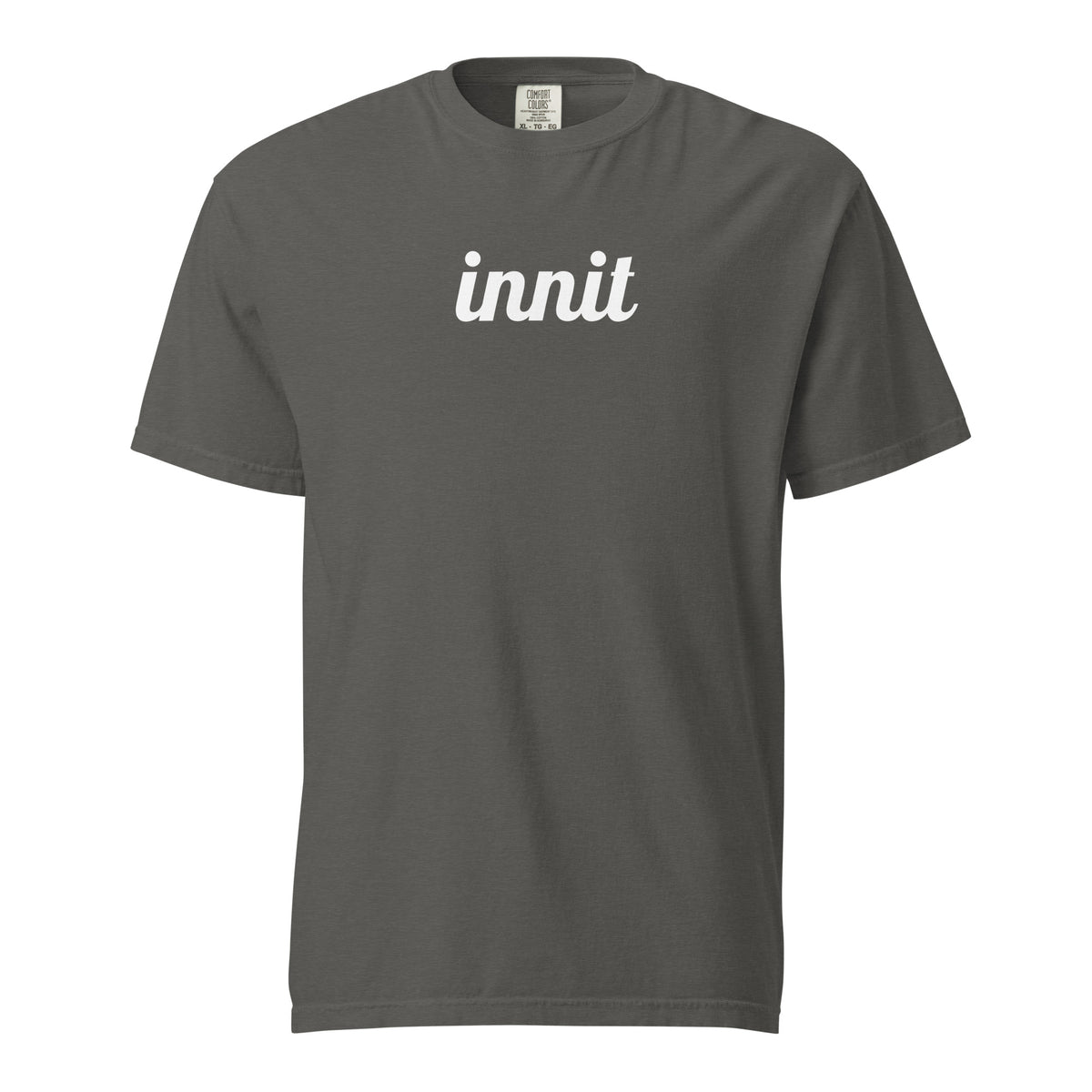 Innit T-shirt in Pepper, front view with white "innit" lettering.