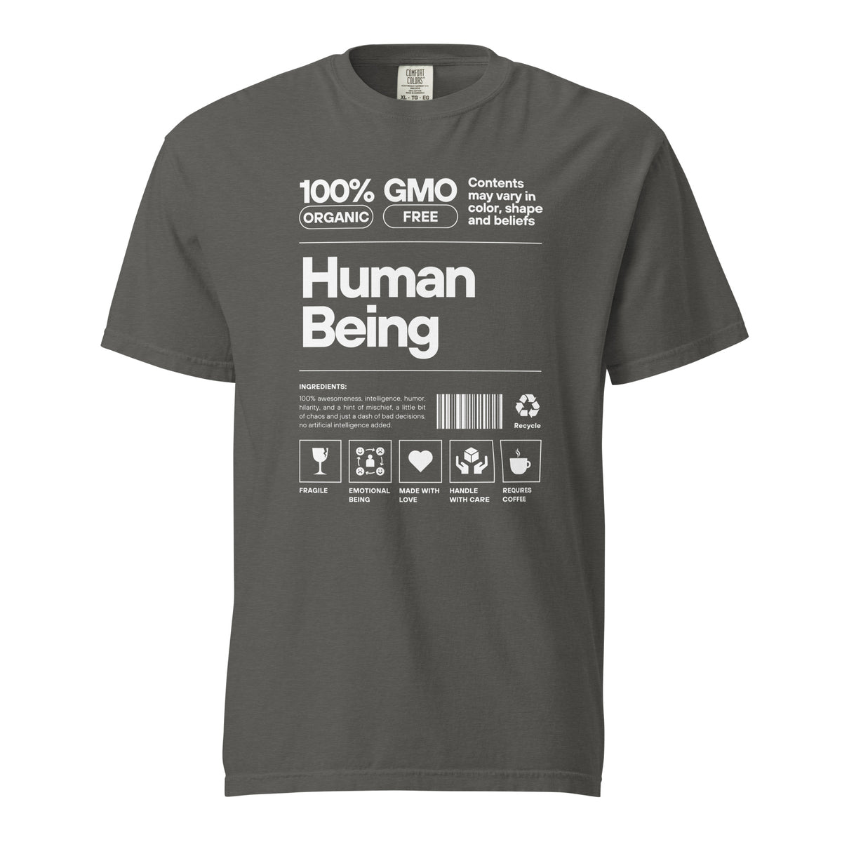 Pepper T-shirt, front view, with a white label-style 'Human Being' design with small icons.