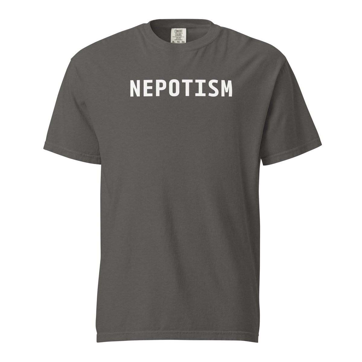 Pepper T-shirt, front view with white "NEPOTISM" lettering.