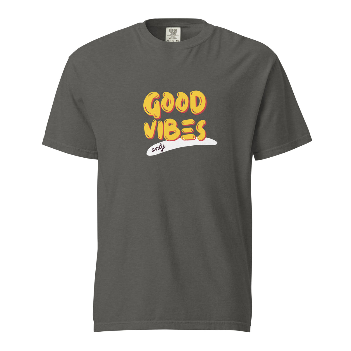 Pepper T-shirt, front view with yellow "Good Vibes" lettering and a white underline.