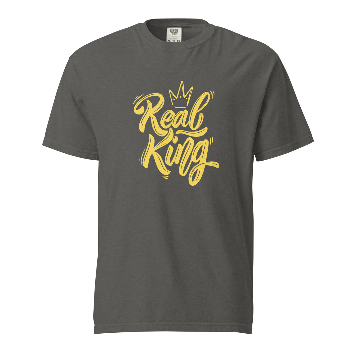 Pepper T-shirt with yellow Real King script and crown, front view.