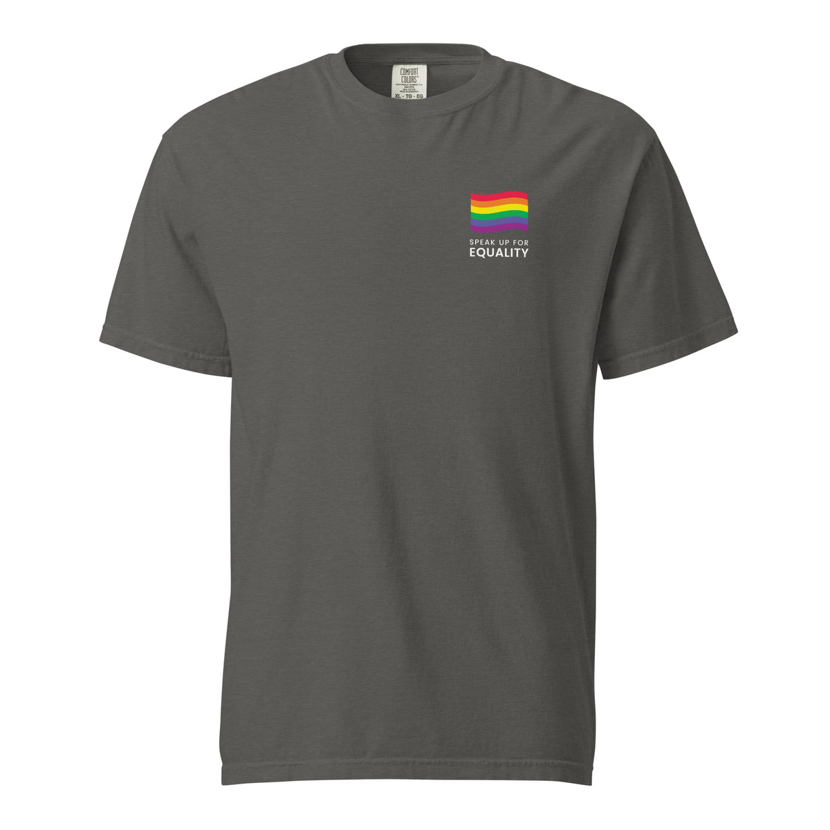 Pepper T-shirt with a rainbow flag and equality message, front view.