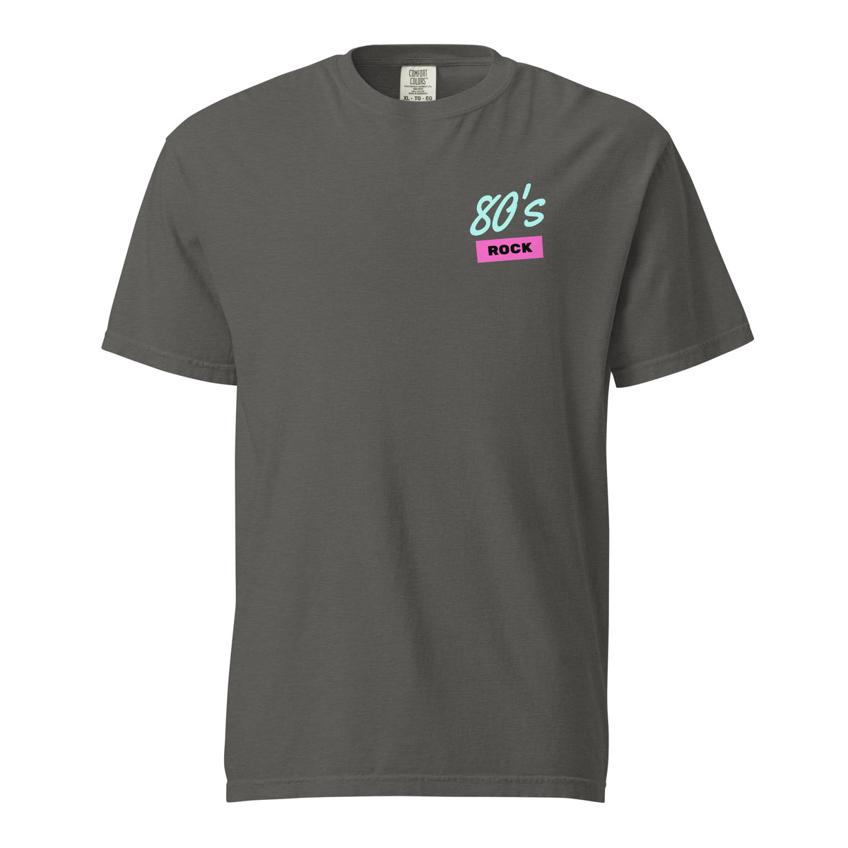 Pepper T-shirt, front view, with small mint '80s' lettering above a pink 'ROCK' label on the chest.