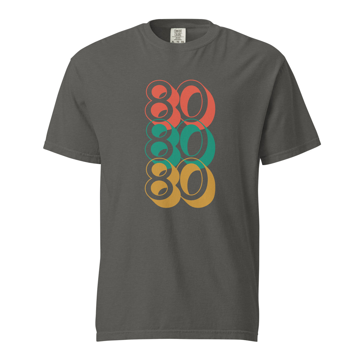 Pepper T-shirt, front view with stacked red, green and yellow "80" numerals.