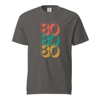 Pepper T-shirt, front view with stacked red, green and yellow "80" numerals.
