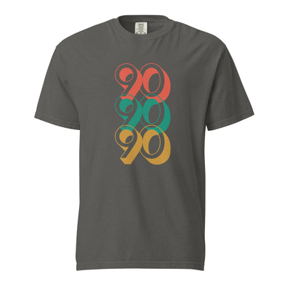 Pepper T-shirt with stacked red, green and yellow 90 numerals, front view.