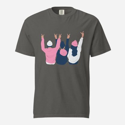 Pepper T-shirt, front view with an illustration of three figures raising peace signs.
