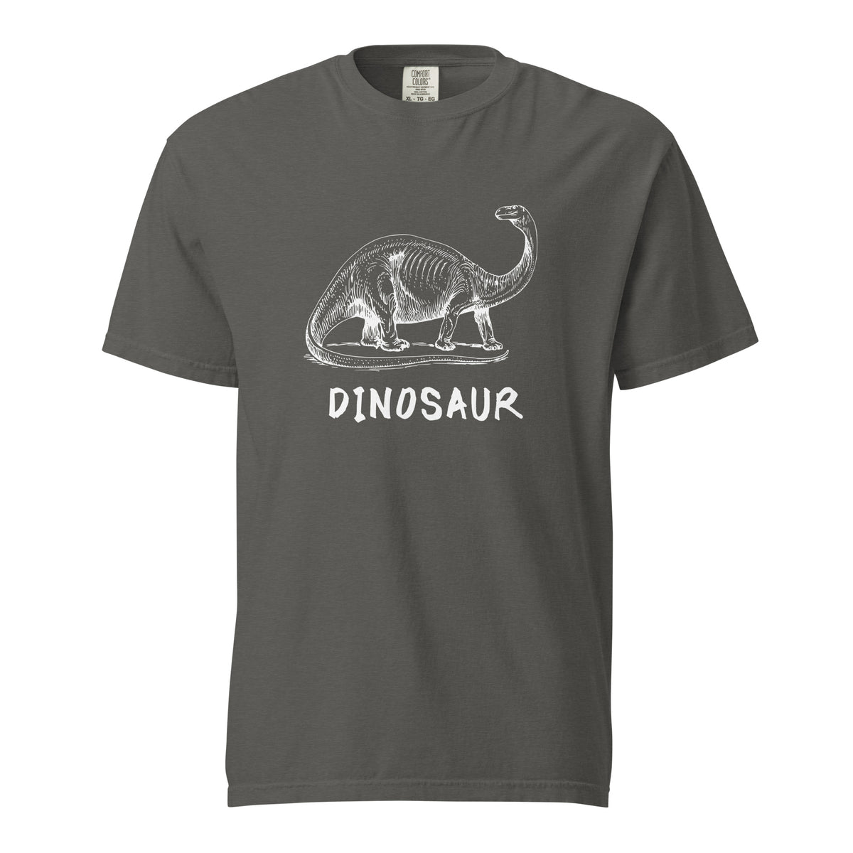 Pepper T-shirt with a white dinosaur illustration and Dinosaur lettering, front view.
