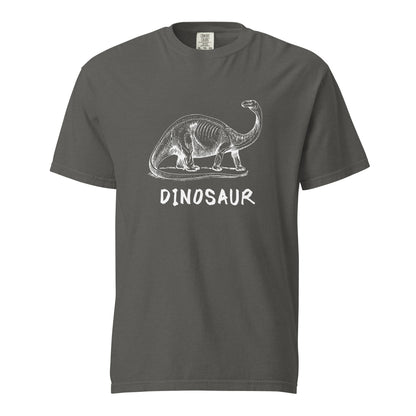 Pepper T-shirt with a white dinosaur illustration and Dinosaur lettering, front view.