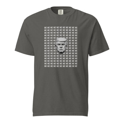 Pepper T-shirt, front view with a grayscale Trump portrait surrounded by repeated ME text.