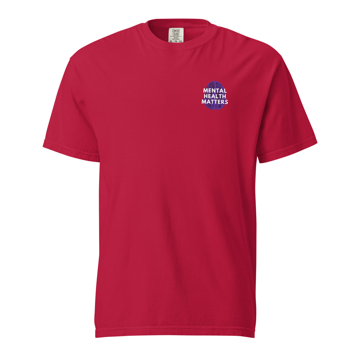 Red T-shirt, front view with a small blue-and-white "Mental Health Matters" chest design.