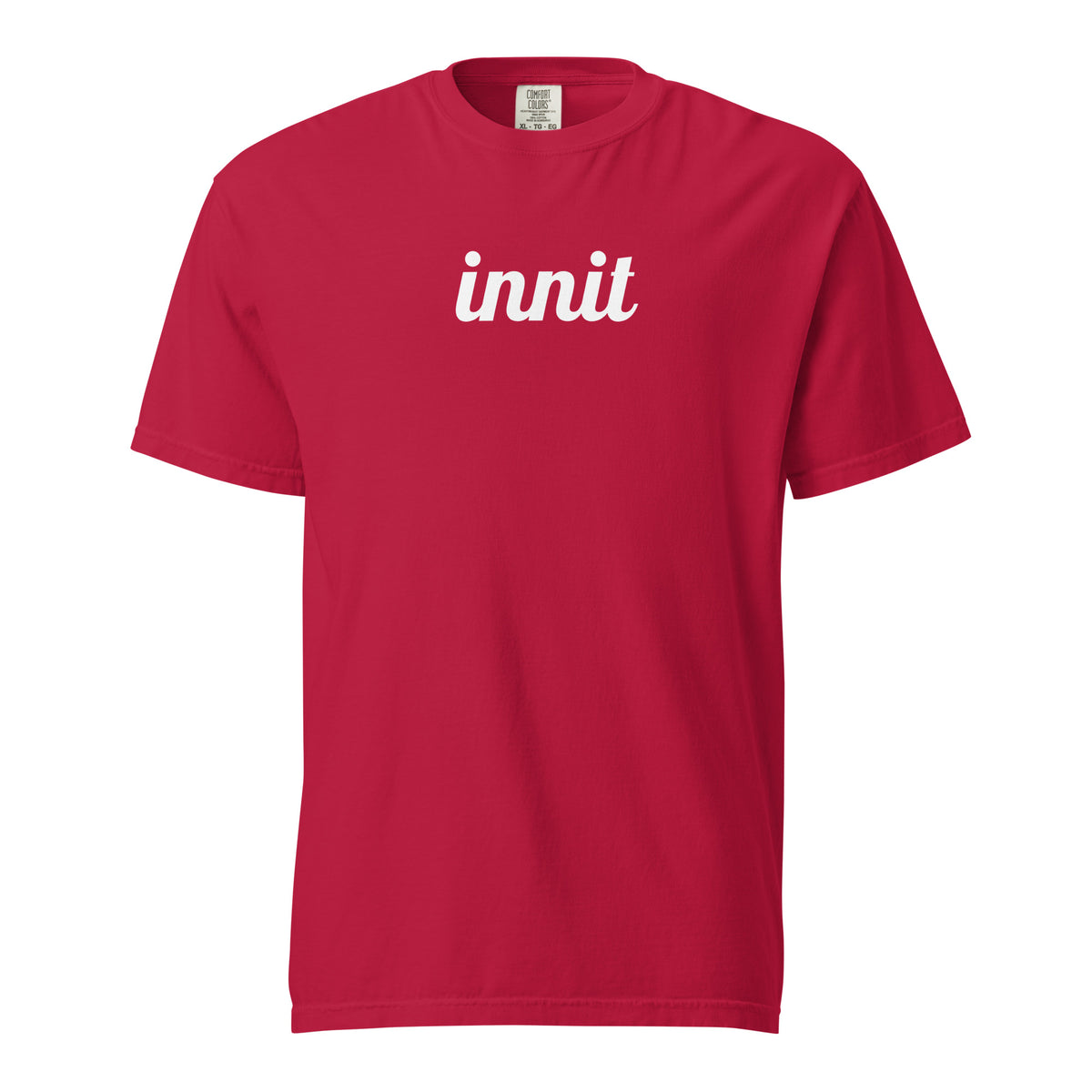Innit T-shirt in Red, front view with white "innit" lettering.