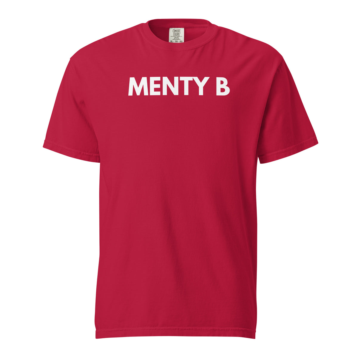 Red T-shirt, front view with white "MENTY B" lettering.
