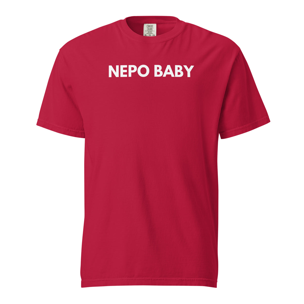 Red T-shirt, front view, with white 'NEPO BABY' lettering.