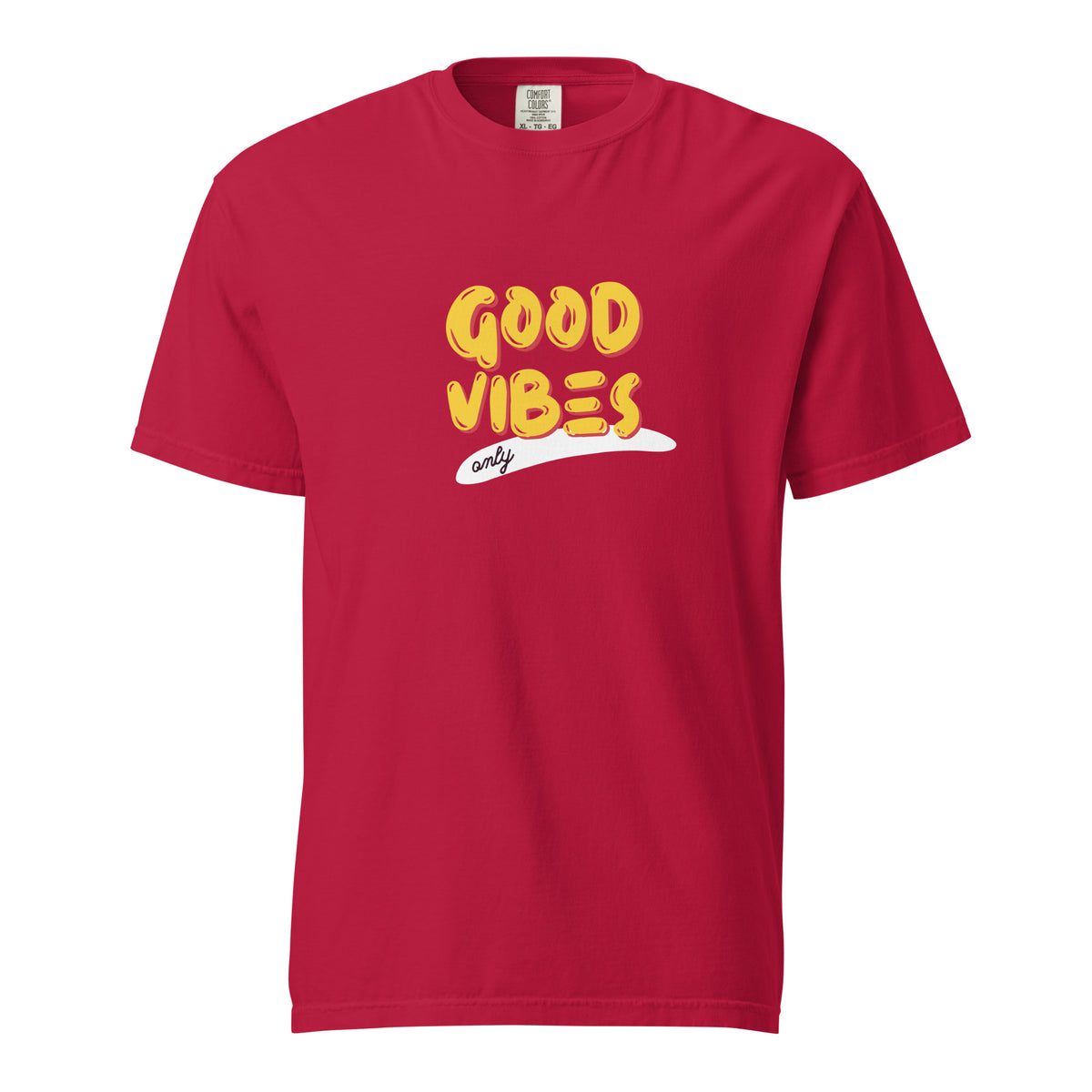 Red T-shirt, front view with yellow "Good Vibes" lettering and a white underline.