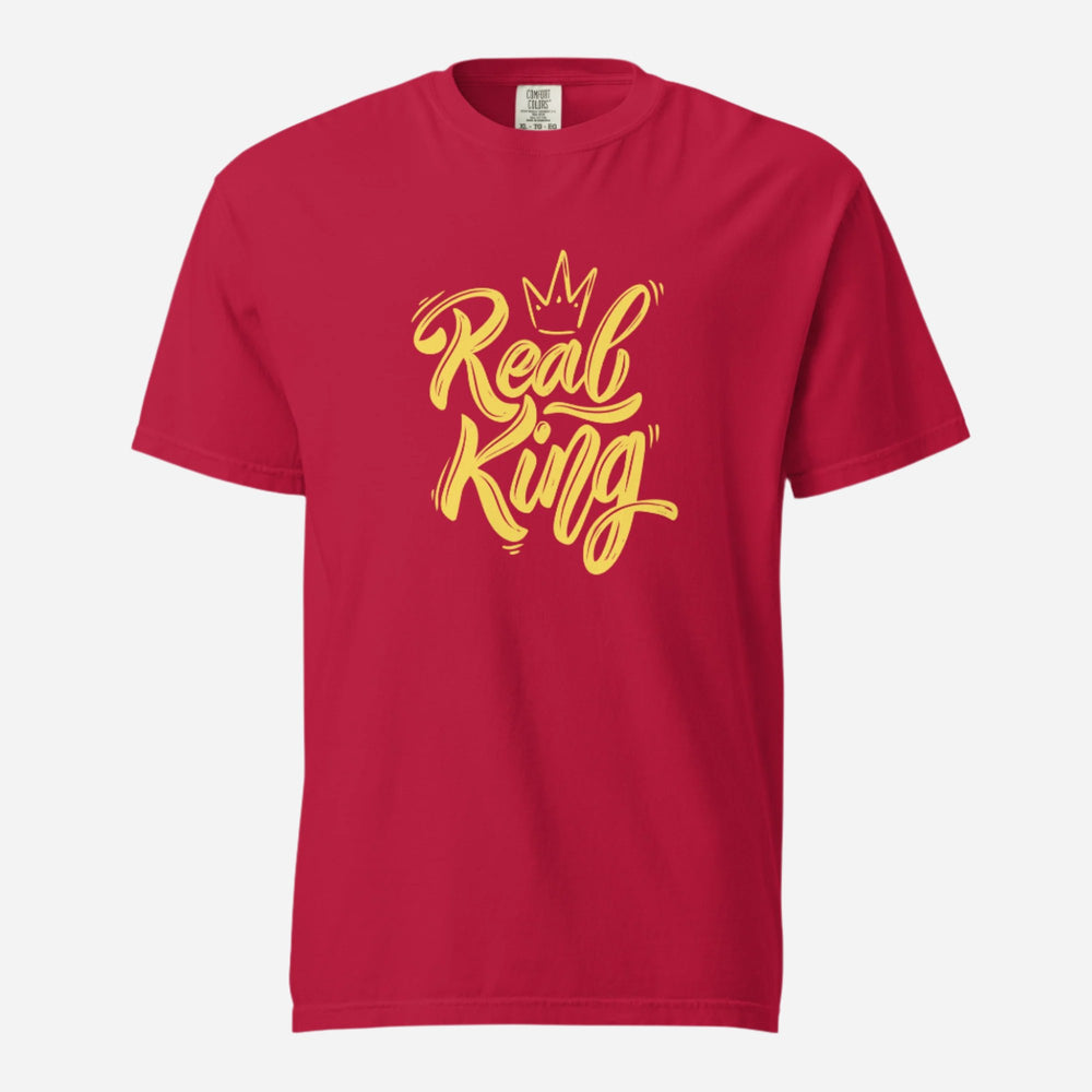 Red T-shirt with yellow Real King script and crown, front view.