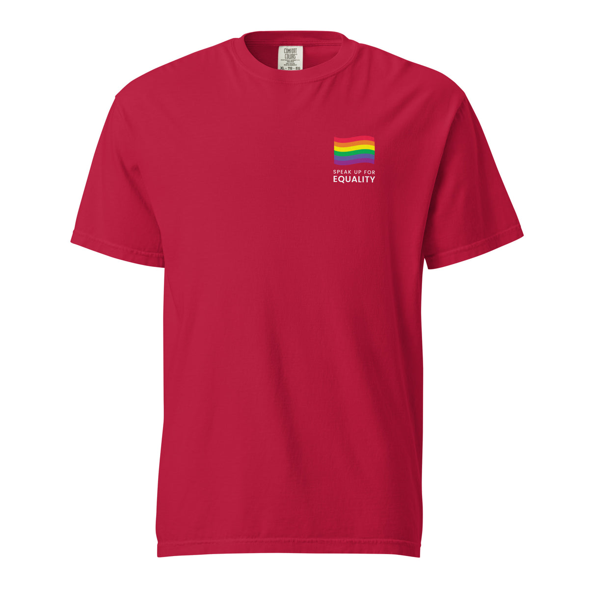 Red T-shirt with a rainbow flag and equality message, front view.