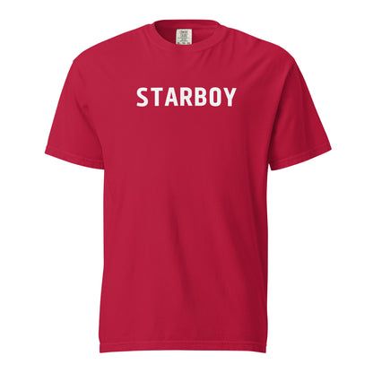 Red T-shirt, front view with white "STARBOY" lettering.
