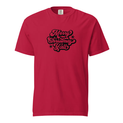 Red T-shirt, front view, with black 'Merry Christmas Y'all' script and stars.