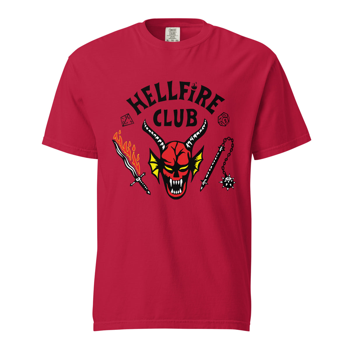 Red T-shirt, front view, with a red horned face beneath black 'Hellfire Club' lettering.