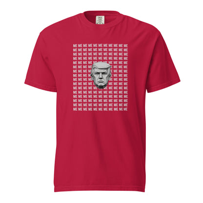 Red T-shirt, front view with a grayscale Trump portrait surrounded by repeated ME text.