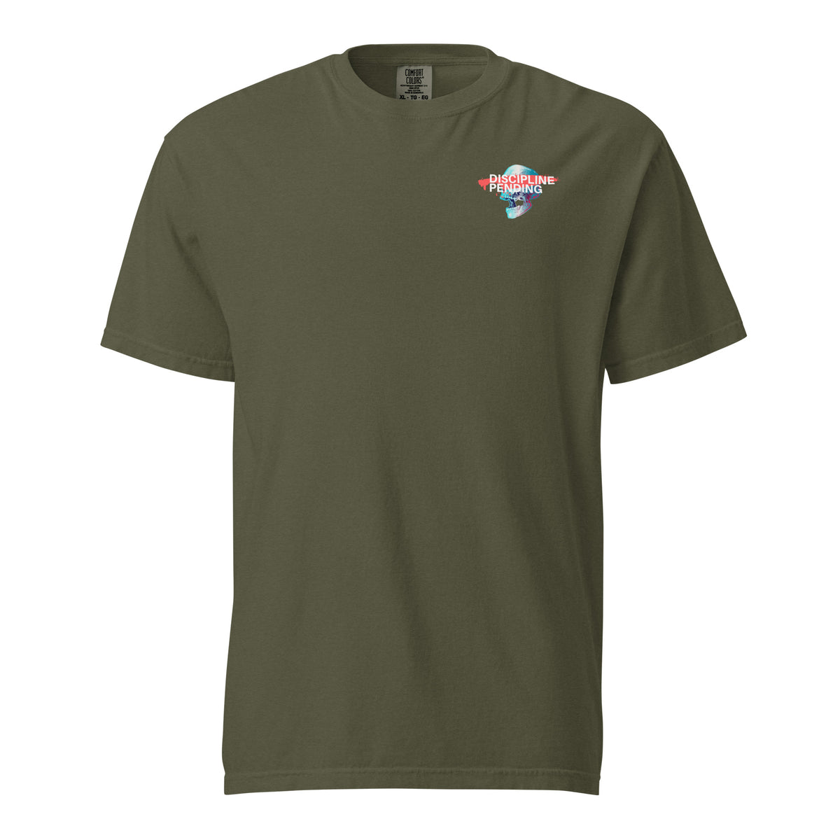 Sage T-shirt with a small blue skull graphic with red bar, front view.