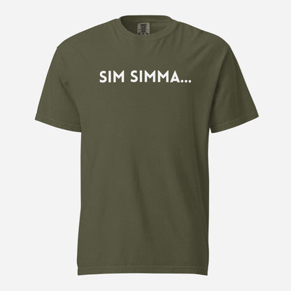 Sage T-shirt, front view with white "SIM SIMMA..." lettering.