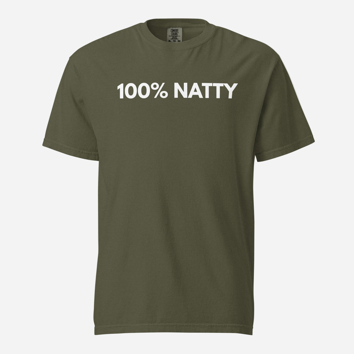 Sage T-shirt, front view, with white '100% NATTY' lettering.