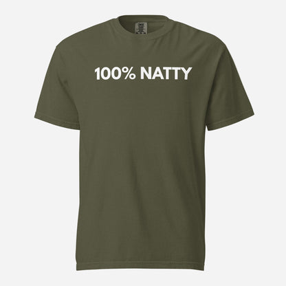 Sage T-shirt, front view, with white '100% NATTY' lettering.