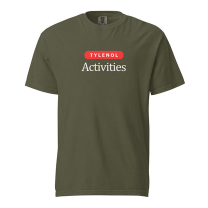 Sage T-shirt, front view, with a red 'Tylenol' label above white 'Activities' lettering.