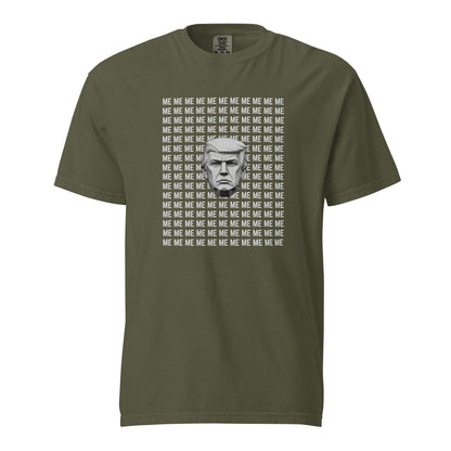 Sage T-shirt, front view with a grayscale Trump portrait surrounded by repeated ME text.
