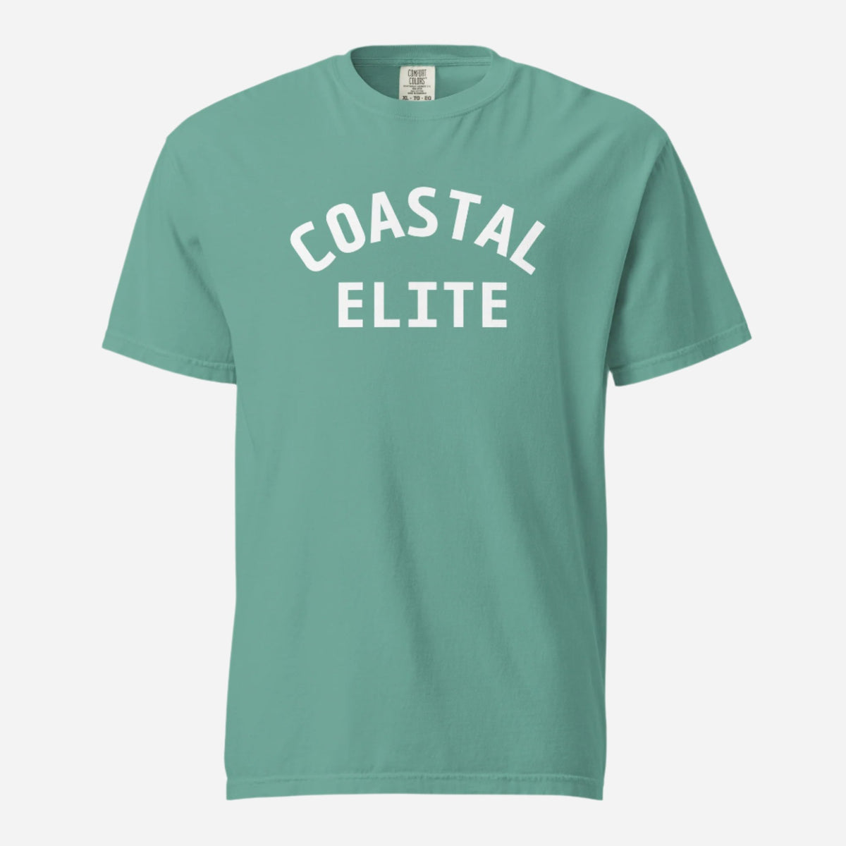 Seafoam T-shirt, front view with white arched "Coastal Elite" lettering.