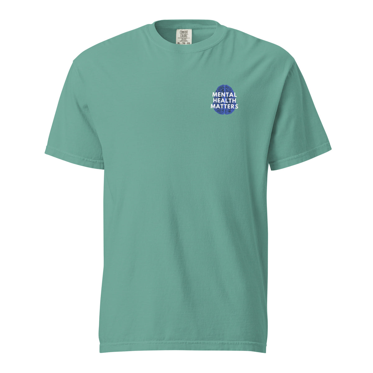 Seafoam T-shirt, front view with a small blue-and-white "Mental Health Matters" chest design.