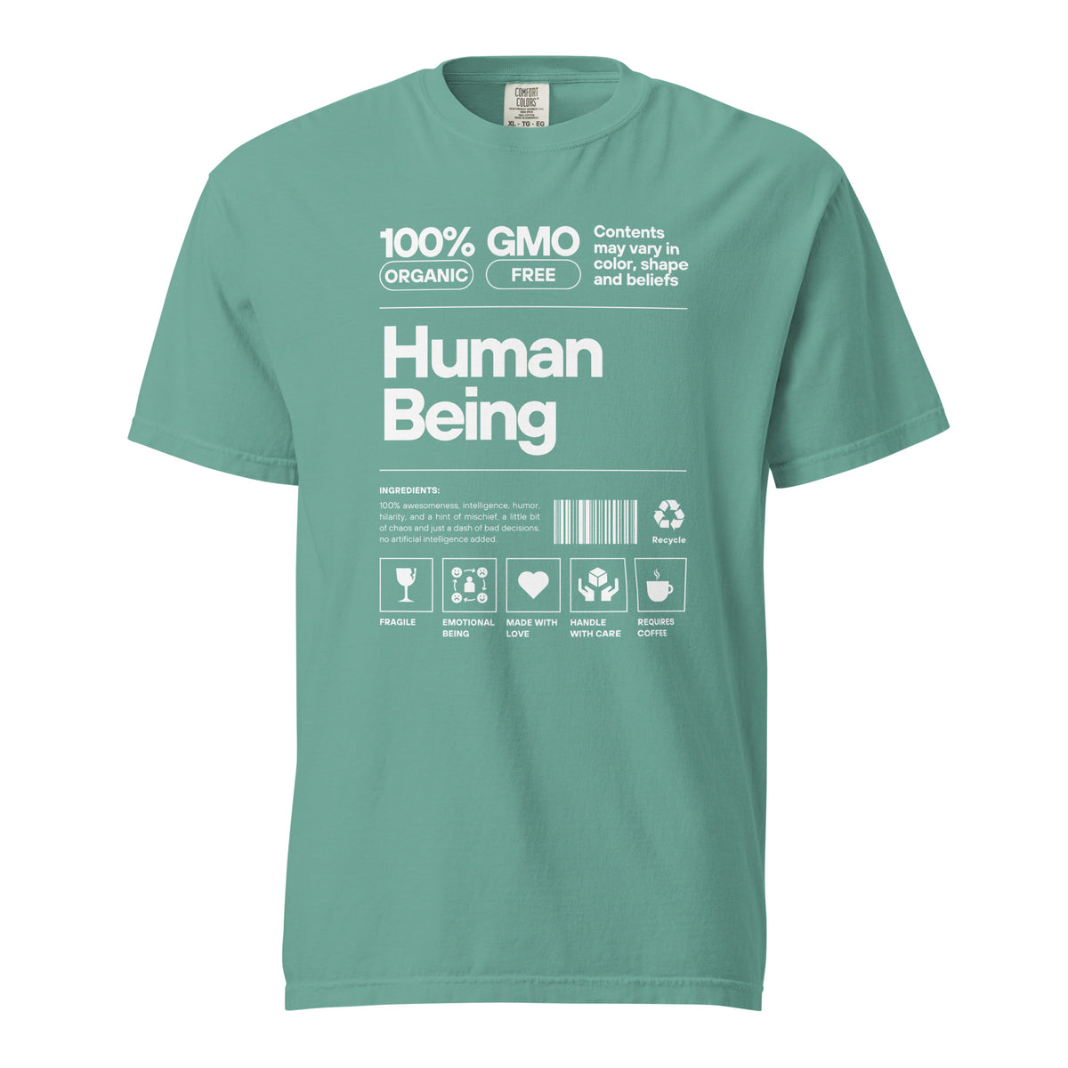 Seafoam T-shirt, front view, with a white label-style 'Human Being' design with small icons.