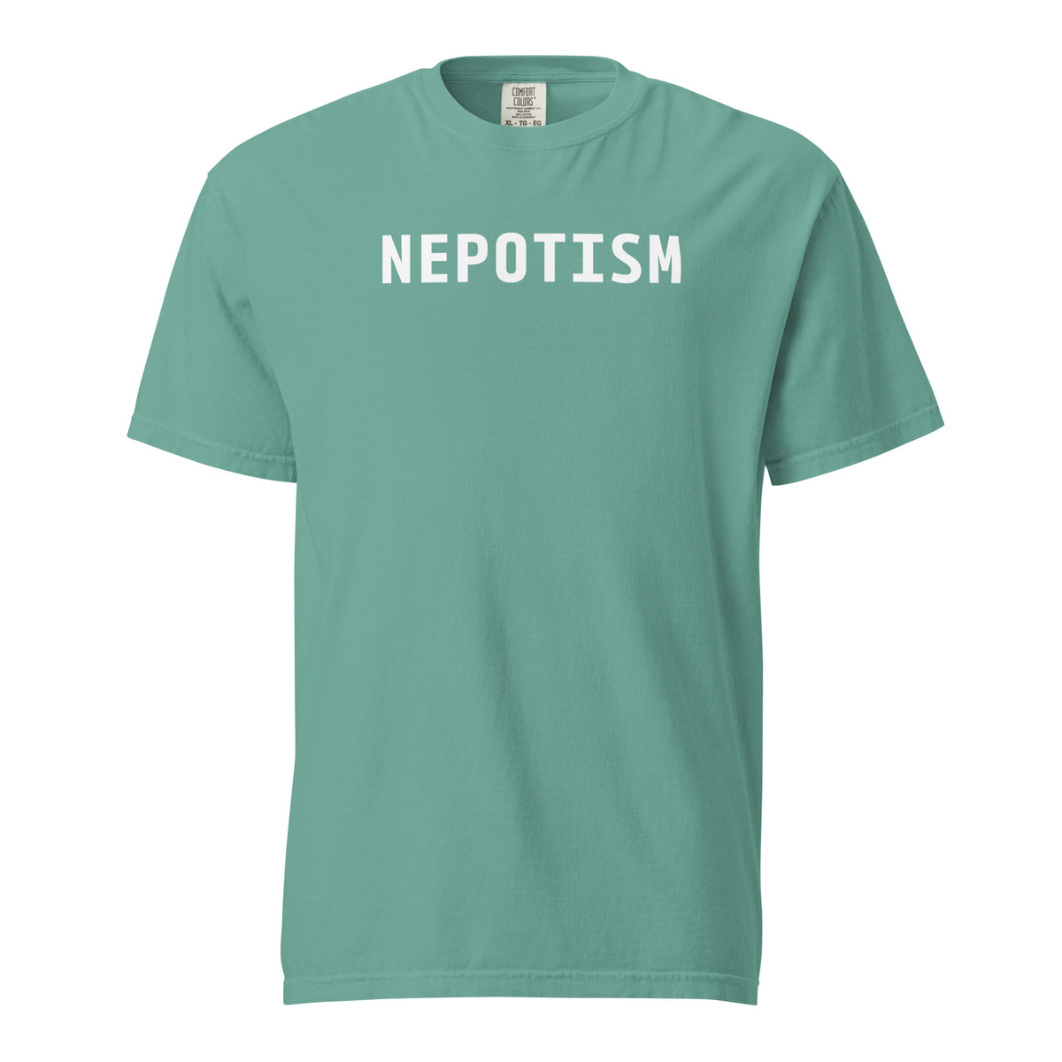 Seafoam T-shirt, front view with white "NEPOTISM" lettering.