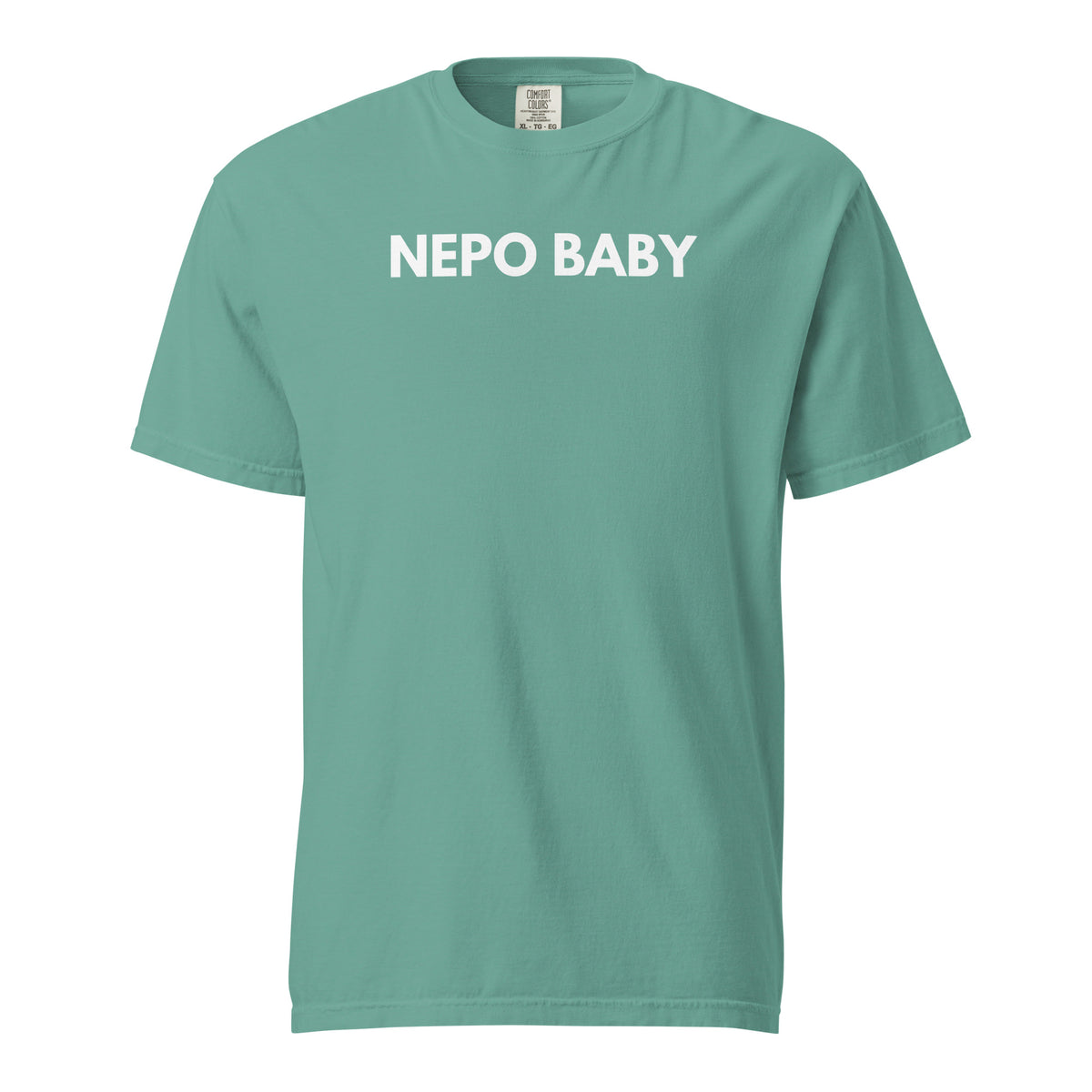 Seafoam T-shirt, front view, with white 'NEPO BABY' lettering.