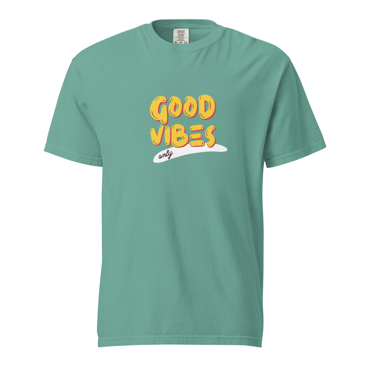 Seafoam T-shirt, front view with yellow "Good Vibes" lettering and a white underline.