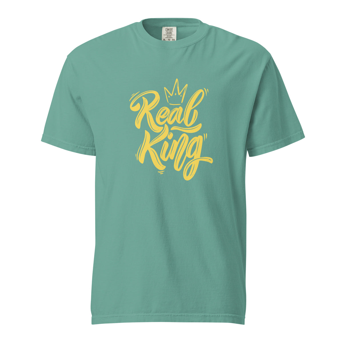 Seafoam T-shirt with yellow Real King script and crown, front view.