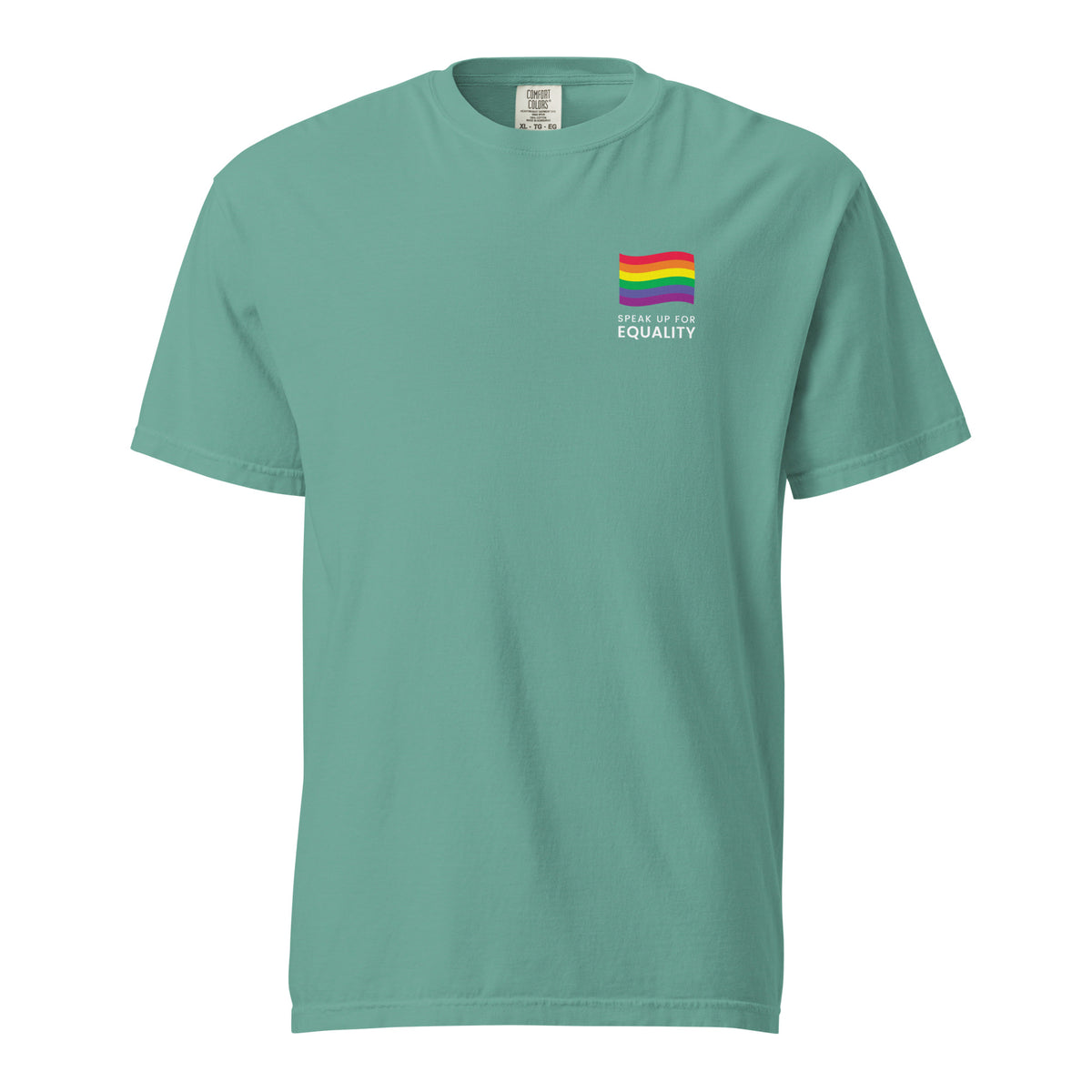 Seafoam T-shirt with a rainbow flag and equality message, front view.