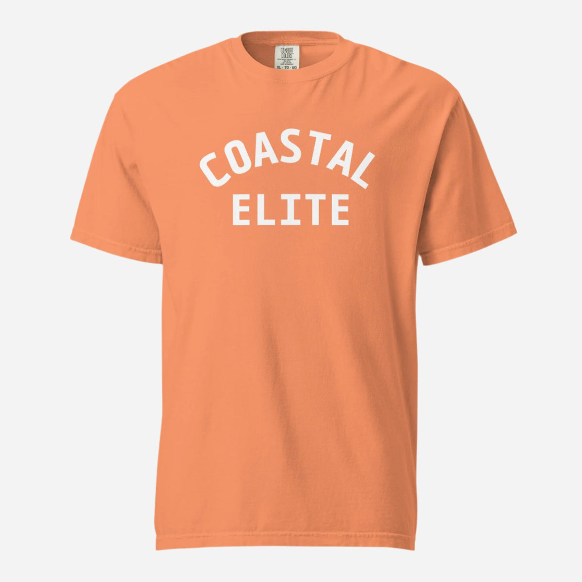 Terracotta T-shirt, front view with white arched "Coastal Elite" lettering.