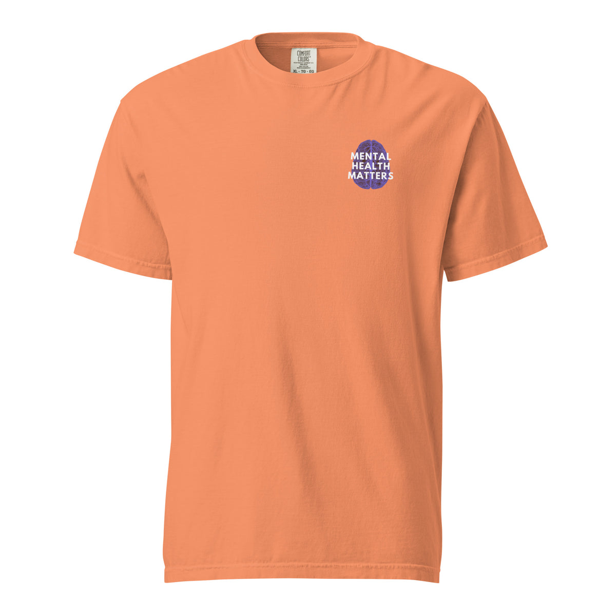 Terracotta T-shirt, front view with a small blue-and-white "Mental Health Matters" chest design.