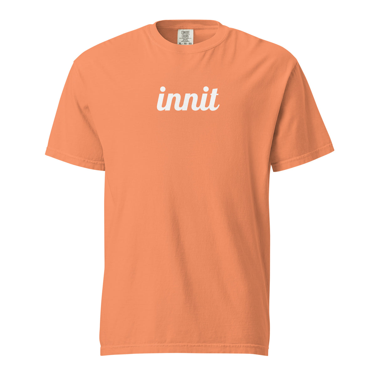 Innit T-shirt in Terracotta, front view with white "innit" lettering.