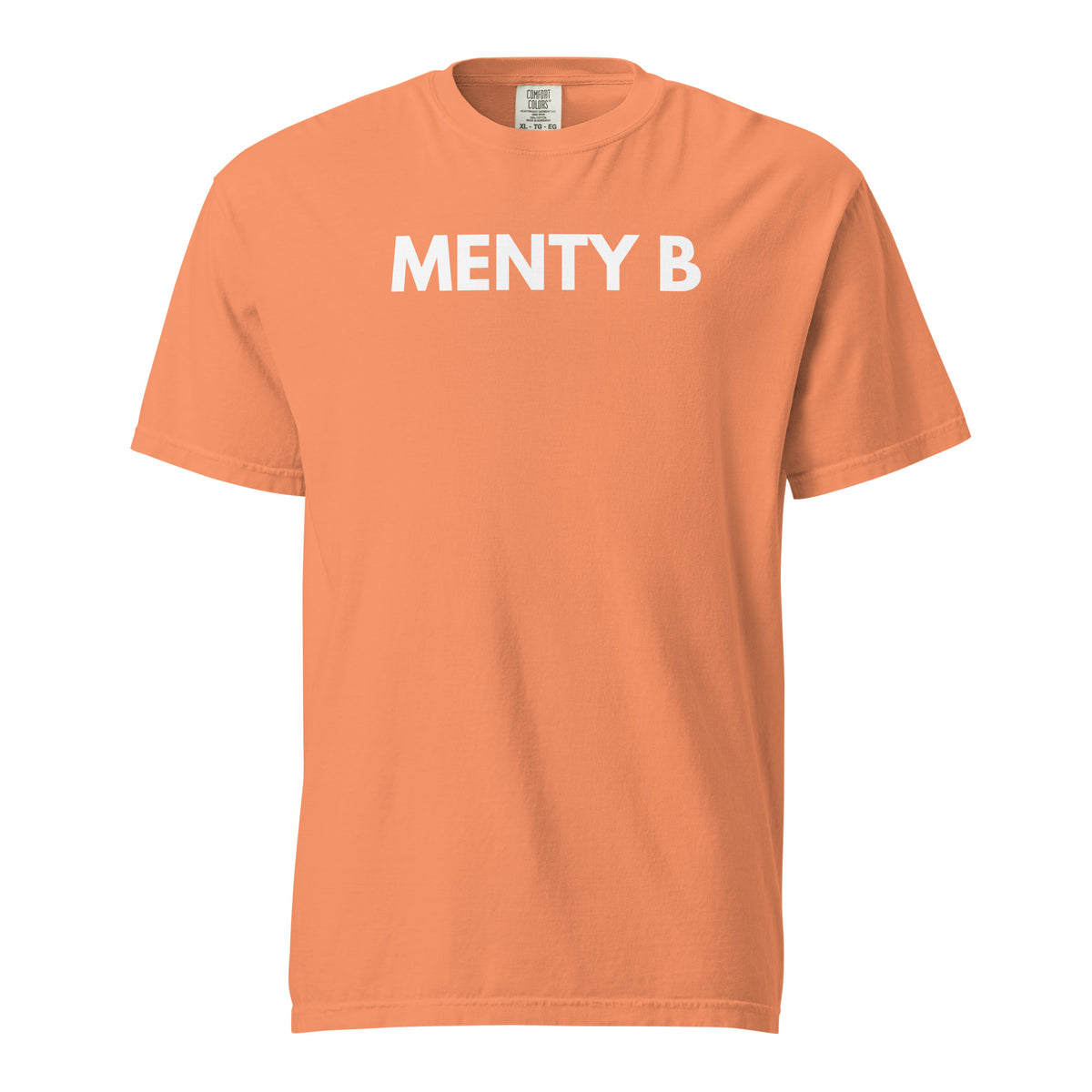 Terracotta T-shirt, front view with white "MENTY B" lettering.