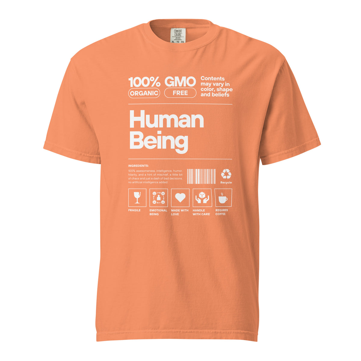 Terracotta T-shirt, front view, with a white label-style 'Human Being' design with small icons.