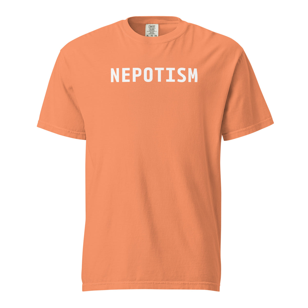 Terracotta T-shirt, front view with white "NEPOTISM" lettering.