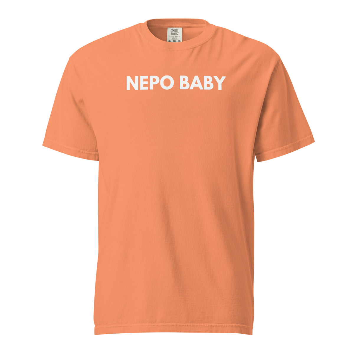 Terracotta T-shirt, front view, with white 'NEPO BABY' lettering.