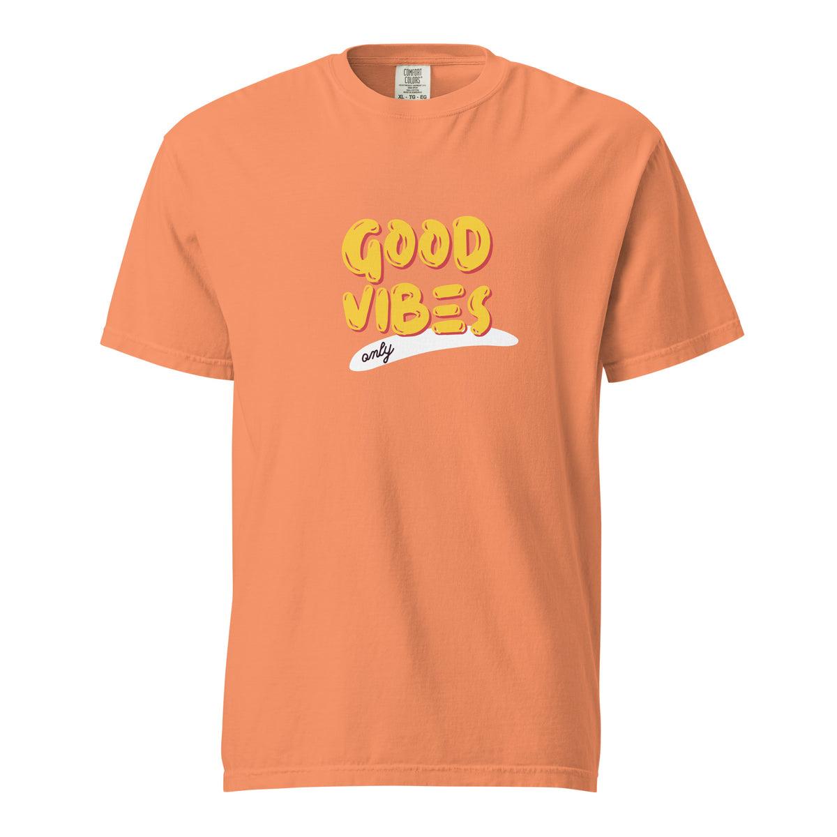 Terracotta T-shirt, front view with yellow "Good Vibes" lettering and a white underline.