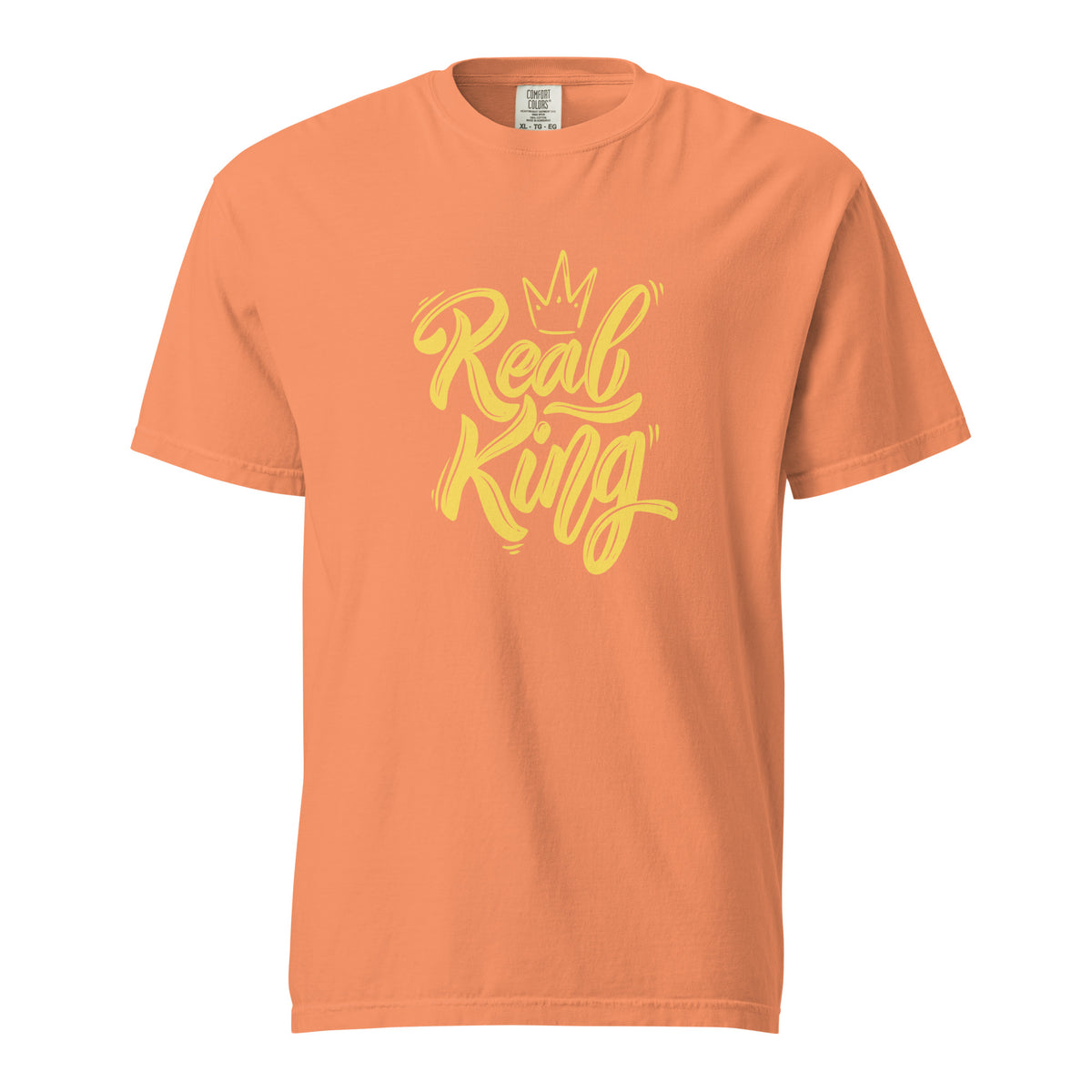 Terracotta T-shirt with yellow Real King script and crown, front view.