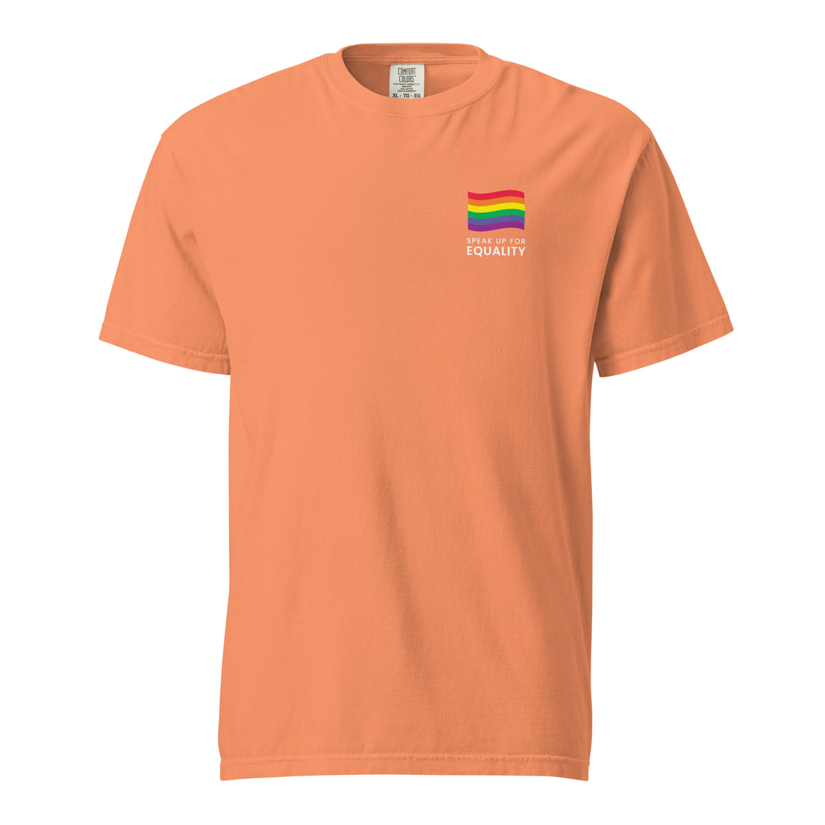Terracotta T-shirt with a rainbow flag and equality message, front view.